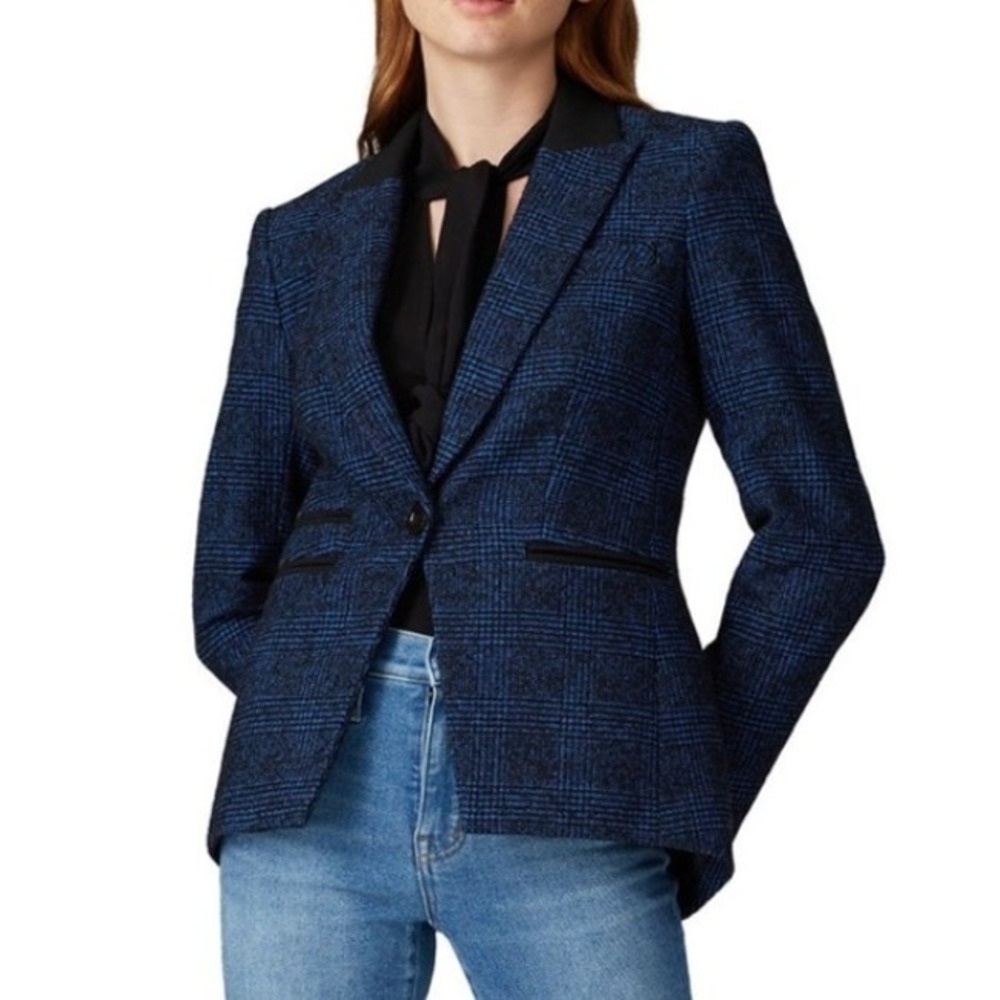 Veronica Beard Gia Dickie Blazer Size 8 Blue Plaid Tweed Corduroy Trim Wool